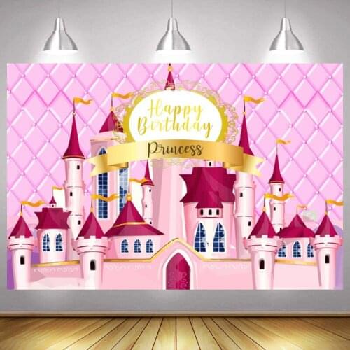 Princess Castle Photo Backdrop Pink Girls Kids Happy Birthday Party Flower Decoration Photography Backgrounds Banner