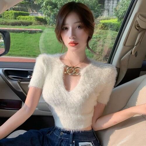 Fashion Chain T Shirt Women 2020 Summer V Neck tshirt Women Knitted Crop Tops Slim Sexy T Shirt Tops Vintage clothes