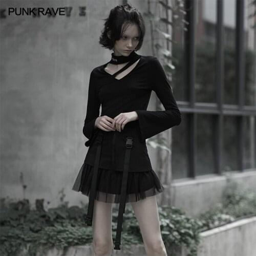 PUNK RAVE Womens Dark A Line Mesh Patchwork High Waist Skirt Punk Future Sense Fashion Casual Women Short Skirt
