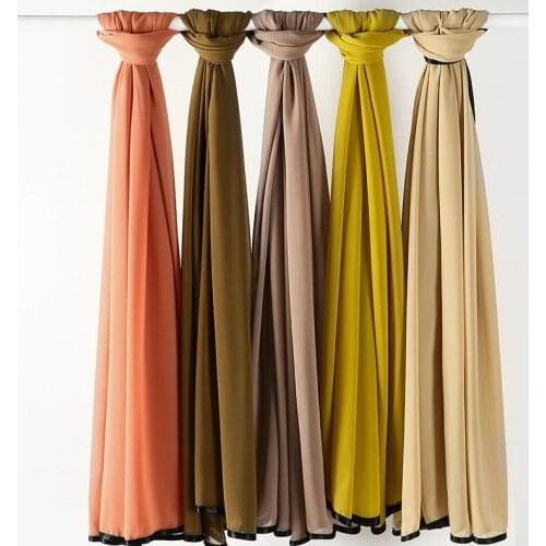 Women Solid Color Bubble Chiffon Hijabs Scarf With Black Edge Muslim Headwraps Soft Scarves Shawl Wraps Travel Sunscreen Scarf