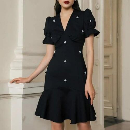 French dress advanced sense small black dress temperament slim dress women summer vestido feminino vintage Sheath