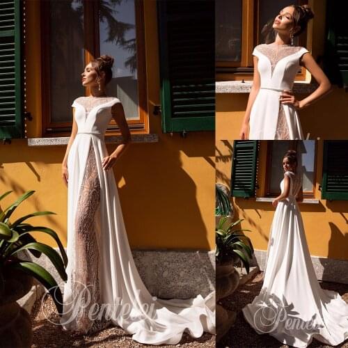 High Split Mermaid Wedding Dresses Jewel Neck Lace Beaded Sequins Beach Wedding Dress Cap Sleeve Bridal Gowns Vestidos De Novia
