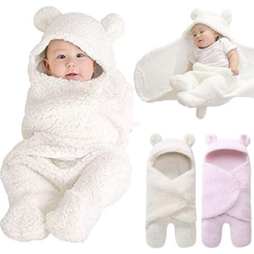 Winter Warm Newborn Baby Fleece Hooded Swaddle Wrap Cute Little Baby Infant Sleeping Bags Solid Swaddling Blanket Baby Bedding