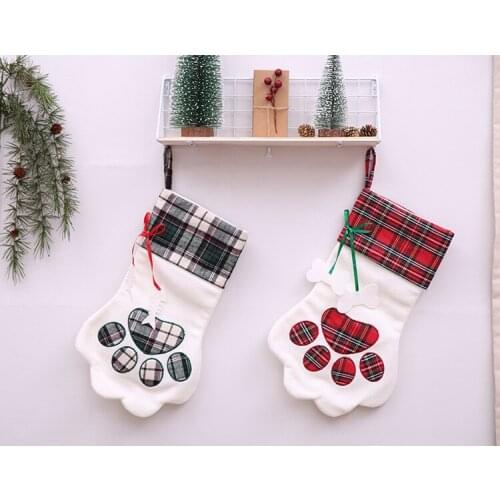 10pcs Plaid Christmas Gift Bags Pet Dog Cat Paw Stocking Socks Christmas Stockings New Year Gift Toy