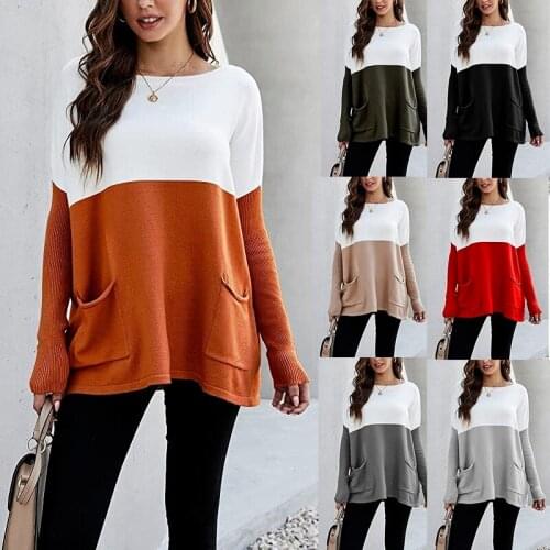 2021 fashion European and American fall/winter new hot style loose knit long-sleeved sweater color-blocking pocket pullover top