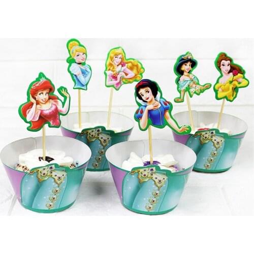 24pcs Cupcake Six Princess Cake Toppers Cartoon Decoration Card Cupcake Inserts Card Birthday For Kids Party Supplies