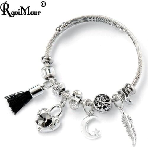 RAVIMOUR Stainless Steel Bracelet Femme Fashion Twisted Wire Cuff Bangle DIY Tassel Heart Lock Leaf Charm Women Bracelet Jewelry