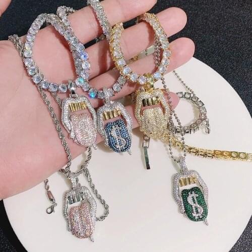 Iced out bling 5A Cubic zirconia money tongue lip tennis chain rope chain pendant necklace for hip hop women men fashion jewelry