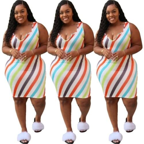 Color Striped Printing Women Clubwear Dress Ladys Deep V-neck Sleeveless Bodycon Dresses Plus Size 2021 Spring Hot Selling
