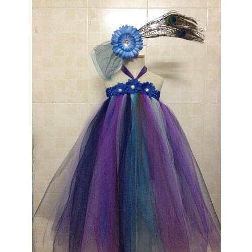 Little Girls Peacock Feather Long Tutu Dress Kids Fluffy Tulle Tutus Ball Gown with Flower Headband Children Party Dress Clothes
