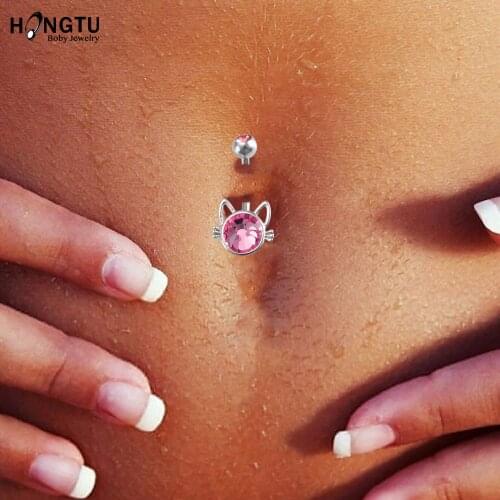 HONGTU 1PC Sexy Cat Women Colorful Navel Piercing Barbell Belly Button Body Jewelry CZ Zircon Rhinestone Round Body Ring Jewelry