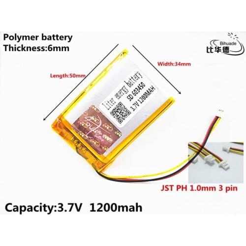 JST PH 1.0mm 3 pin Liter energy battery 3.7V,1200mAH 603450 Polymer lithium ion / Li-ion battery for tablet pc BANK,GPS,mp3,mp4