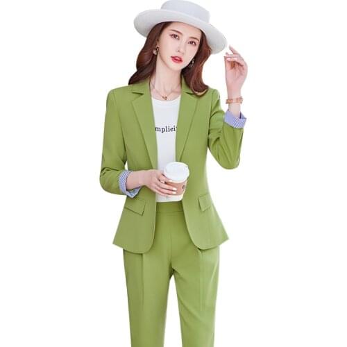 Spring Autumn Black Green Blue Slim Pant Suit Women Office Ladies Jacket Blazer And Trouser Female Formal Work 2 Piece Set