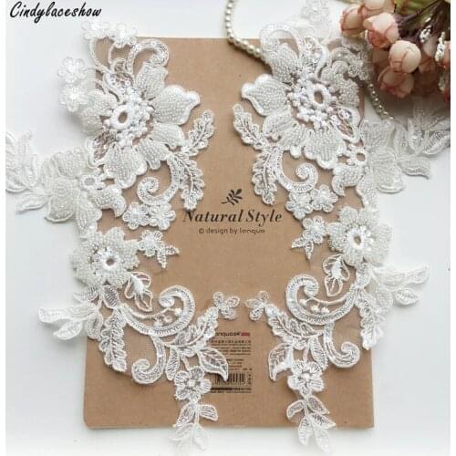 1 Pair Beaded Lace Applique Bridal Lace Trims Lace Collar Wedding Dress Accessories Sewing on Floral Patches Appliques Red Black