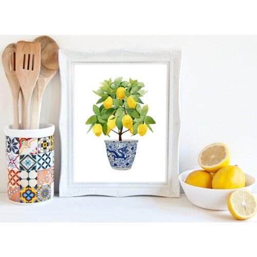 Lemon Print Chinoiserie Planter Bonsai Canvas Painting Zen Decor Oriental Art Blue White Willow Style Lemon Poster Kitchen Decor