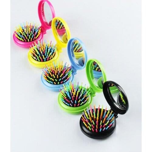 Small Size Round Pocket Comb Portable Travel Airbag Massage 4Colors Folding Comb Styling Tools Girl Hair Brush With Mirror