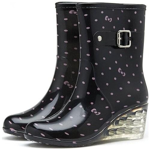 Fashion Women Middle Rain Boots Light Casual Waterproof High-heel Ladies Winter Warm Water Shoes PVC Non-slip Adult Rubber Shoes