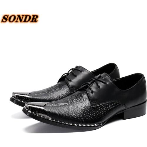 New Business Office Men Oxford Shoes Metal Toe Lace Up Genuine Leather Men Shoes Party Brogue Shoes Footwear Sapatos Masculino