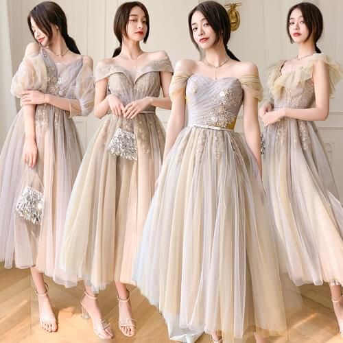 Bridesmaids Dress Illusion Strapless Sequined Embroidery Ankle-Length Lace Tulle Off The Shoulder Women Wedding Party Gown E192