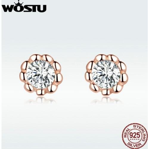 WOSTU S925 Zircon Gentle Rose Golden Color Stud Earrings 100% Real 925 Sterling Silver Earrings Hot Fashion Jewelry Gift BNE219