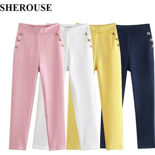 SHEROUSE 2021 Women Vintage Office Wear Front Zipper Pants With Buttons Pockets High Waist Fashion Female Trousers Mujer
