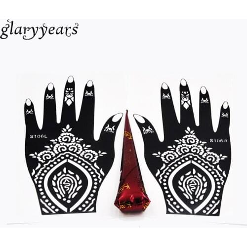 1 Pair Hands Henna Stencil + 1 Piece Brown Color Henna Paste Flower Lace Hollow Decal Mehndi Tattoo Stencil Hands Art Paint Draw
