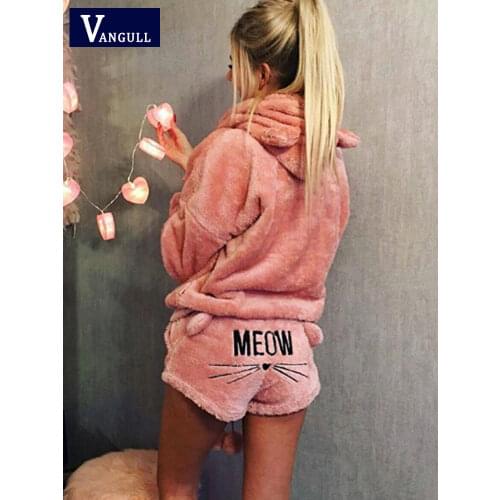 Vangull Women Two Piece Set 2021 New Autumn Winter Pajamas Warm Coral Velvet Suit Sleepwear Cute Cat Pattern Hoodies Shorts set