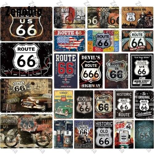 Route 66 Vintage Metal Tin Sign Plaque Metal Retro Garage Wall Art Stickers for Bar Pub Club Man Cave Gas Station Garage Decor