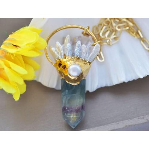 Z10959 22" 60mm Green-Purple Fluorite Cubic Column White Pearl Gold-plating Pend