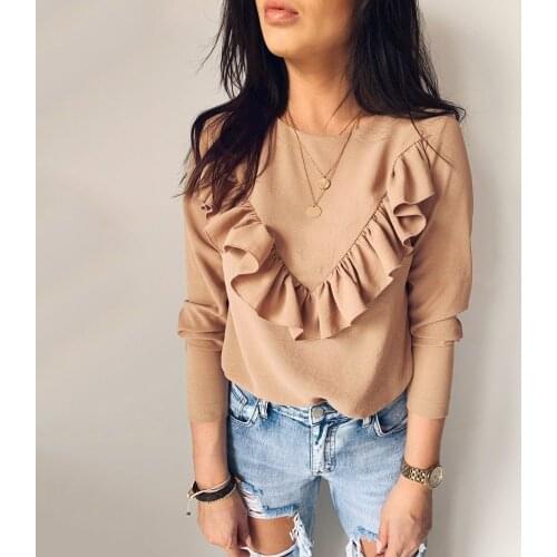 Fall 2020 New Style Ruffled Patchwork Sweet Top Loose Casual Shirt Long Sleeve O-neck Blouse Office Lady
