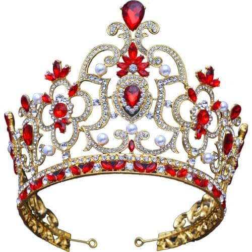 Women Baroque Crown Vintage Red Crystal Bridal Tiaras Wedding Hair Accessories Rhinestone Pageant Prom Crown For Bride Headban