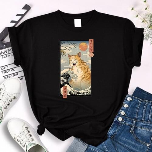 WomenS Tee Shirts Huge Cat In The Waves Cartoon Animal Print Tops Famale Oversize Kawaii O-Neck Tees Loose Slim Funny T Shirts
