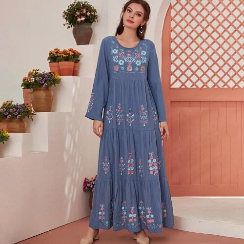 Summer Women Elegant Vintage Long Sleeve A Line Embroidery Maxi Pleated Modest Dresses Folk Traf Hijab Robe High Quality 2021