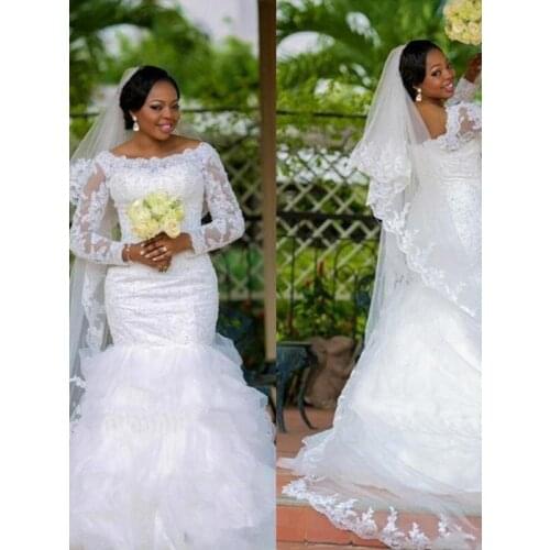 Trumpet/Mermaid Square Applique Organza Long Sleeves Chapel Train Wedding Dresses Custom Made Bridal Bride Gown