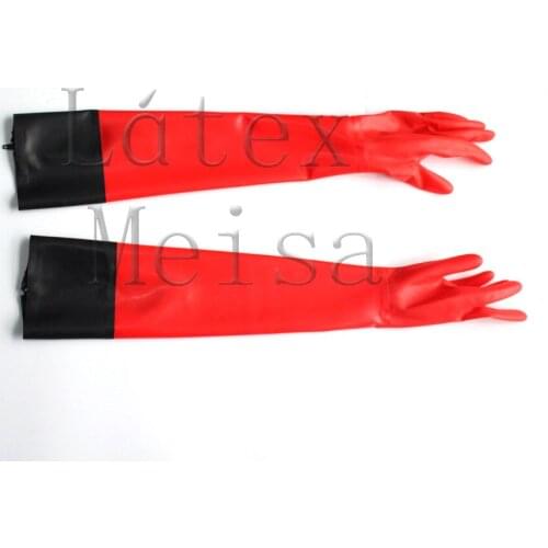 100% natural lingerie long five finger latex bondage gloves in red color with black trim color attached zipper