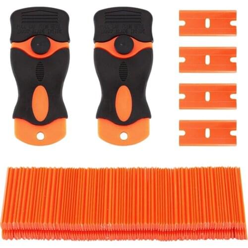 100 Pcs Car Offroad Diy Plastic Double Edged Razor Blades & 2 Pc Scraper Removal
