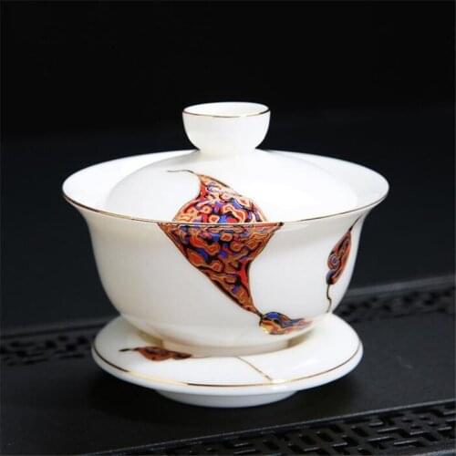 140ML 2020 Hand Painted White Ceramic Porcelain Gaiwan Chinese Teaset Handmade Teaware Tureen Sancai Tea Cup Pu'er Kettle