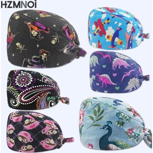 2021 Cartoon Printed Cotton Breathable Female Medical Nurse Cap Pet Hospital Surgeon Cap Dentist Cap Beauty Salon Chef Scrub Cap