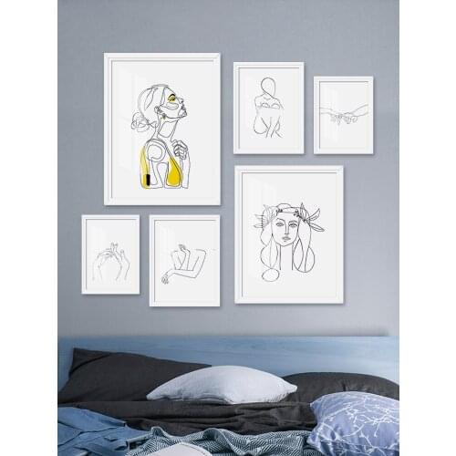 Abstract Women Line Drawing Nordic Poster&Prints Modern Canvas Painting Art Yellow Girl Wall Picture Bedroom Home Decor Single