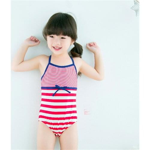 Kids One Piece Swimsuit Baby Girls Sling Swimwear Red Striped Pattern 2-7 Y Children Bathing Suit Swimming Pool Wear