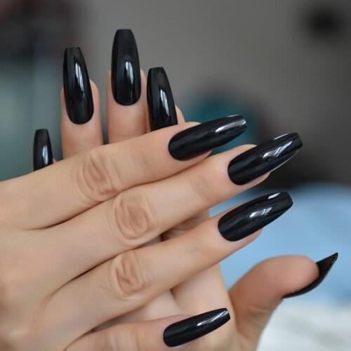 Classic Extra Long Coffin Nails Pure Black Elegant Shiny Ballet Fake Nails Artificial Acrylic Press On Nails Supplying Gelx Nail