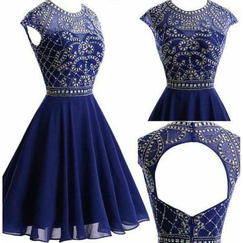 Short Beaded Chiffon Navy Blue Homecoming Dresses with Pockets Sexy Open Back Knee Length Birthday Graduation Dress for Juniors
