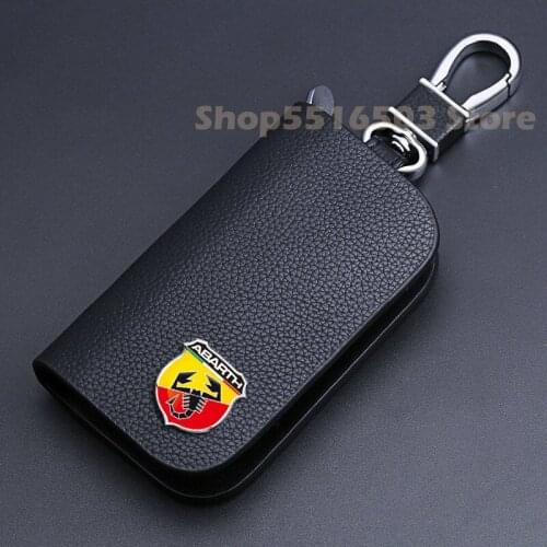 Leather Key Case For Abarth Fiat 500 Punto 124 125 Ducato With Metal Logo Car Keychain Key Cover Auto Accessiories
