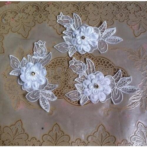 5 Pieces 7*12cm White Lace Appliques Polyester 3D Flower Organza Lace Flowers Embroidered Wedding Dress Lace Motifs Venise Lace