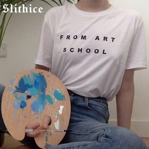 Slithice Summer female T-shirt Black White Shirts Short Sleeve FROM ART SCHOOL Letter Print Casual womens T-shirts cotton tees
