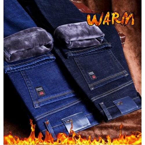 Mens Warm Slim Fit Jeans 2021 Winter New Business Fashion Thicken Denim Trousers Fleece Stretch Brand Pants Black Blue