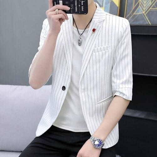 Mens Summer Thin Slim Fit Mid-Sleeve blazer Youth Striped British Casual blazers