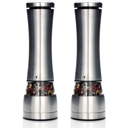 Electric Salt and Pepper Grinder Set - Battery Operated Stainless Steel Mill with Light - Automatic One Handed Operation