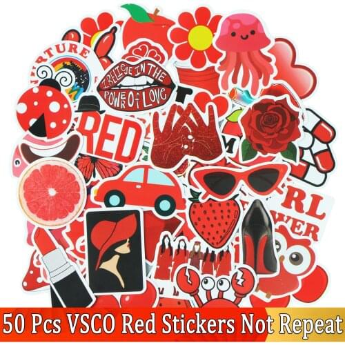 50Pcs All Red VSCO Cute Red Stylish Stickers Pack Vinyl Decals Car Laptop Stickers Luggage Notebook Bottle Decals
