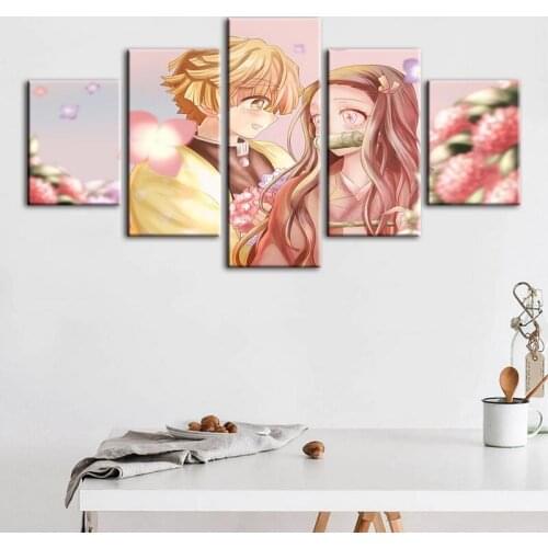 Wall Art Canvas Painting 5 Pieces Demon Slayer Anime Hd Print Modular Poster Modern Pictures For Boy Room Home Decoration